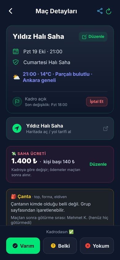 SportArea maç sayfası: tarih, saha, hava durumu, saha ücreti ve Varım / Belki / Yokum düğmeleri